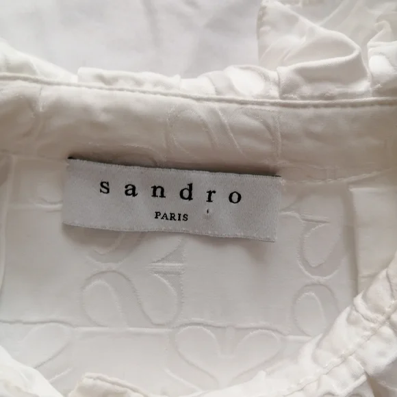 Sandro Jacquard Blouse Double S Logo Pleated Collar Puff Sleeves White 2 Medium - Picture 9 of 16